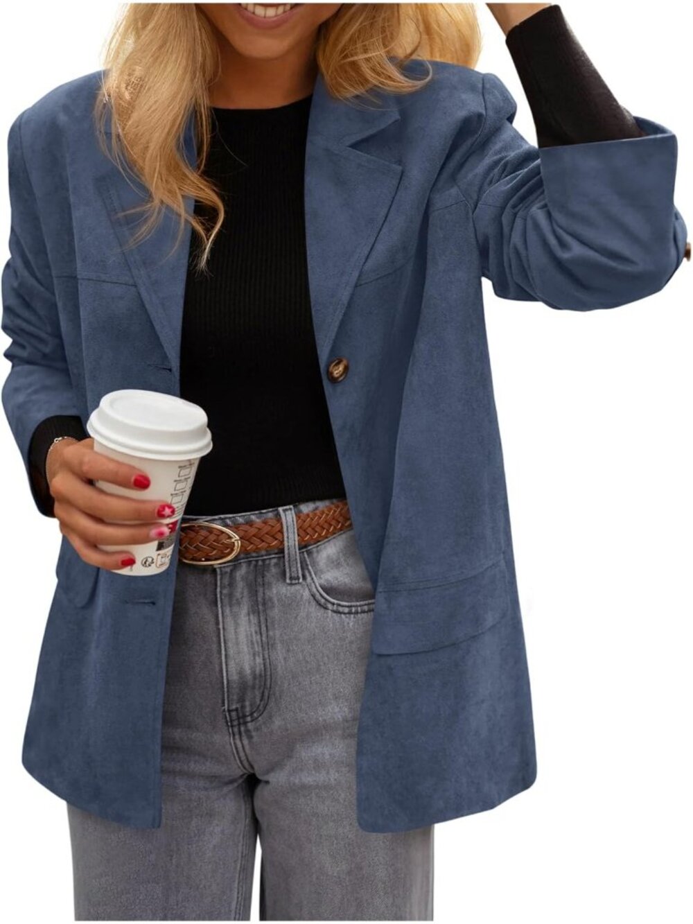 Women's Blue Faux Suede Western Jacket Oversized Business Casual Dressy Coat